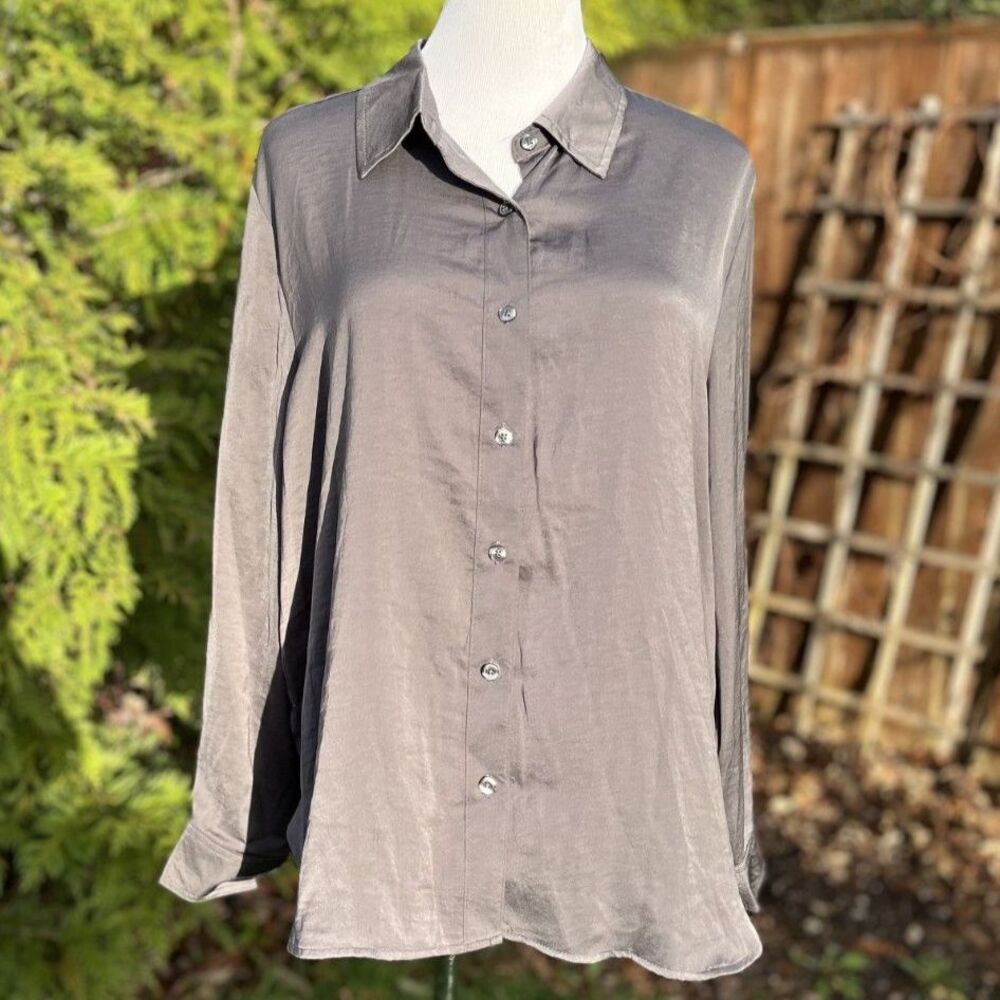 DKNY‎ JEANS Petite Button-Cuff Blouse – Forged Iron – Women’s Petite L – NWT